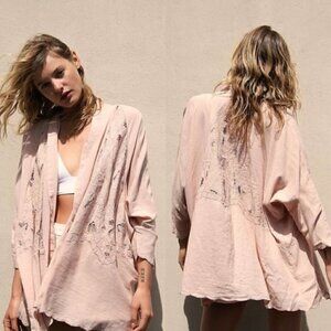 New Free People Cool Nights Crochet Conch Pink Cardigan Short Duster Kimono Sz S